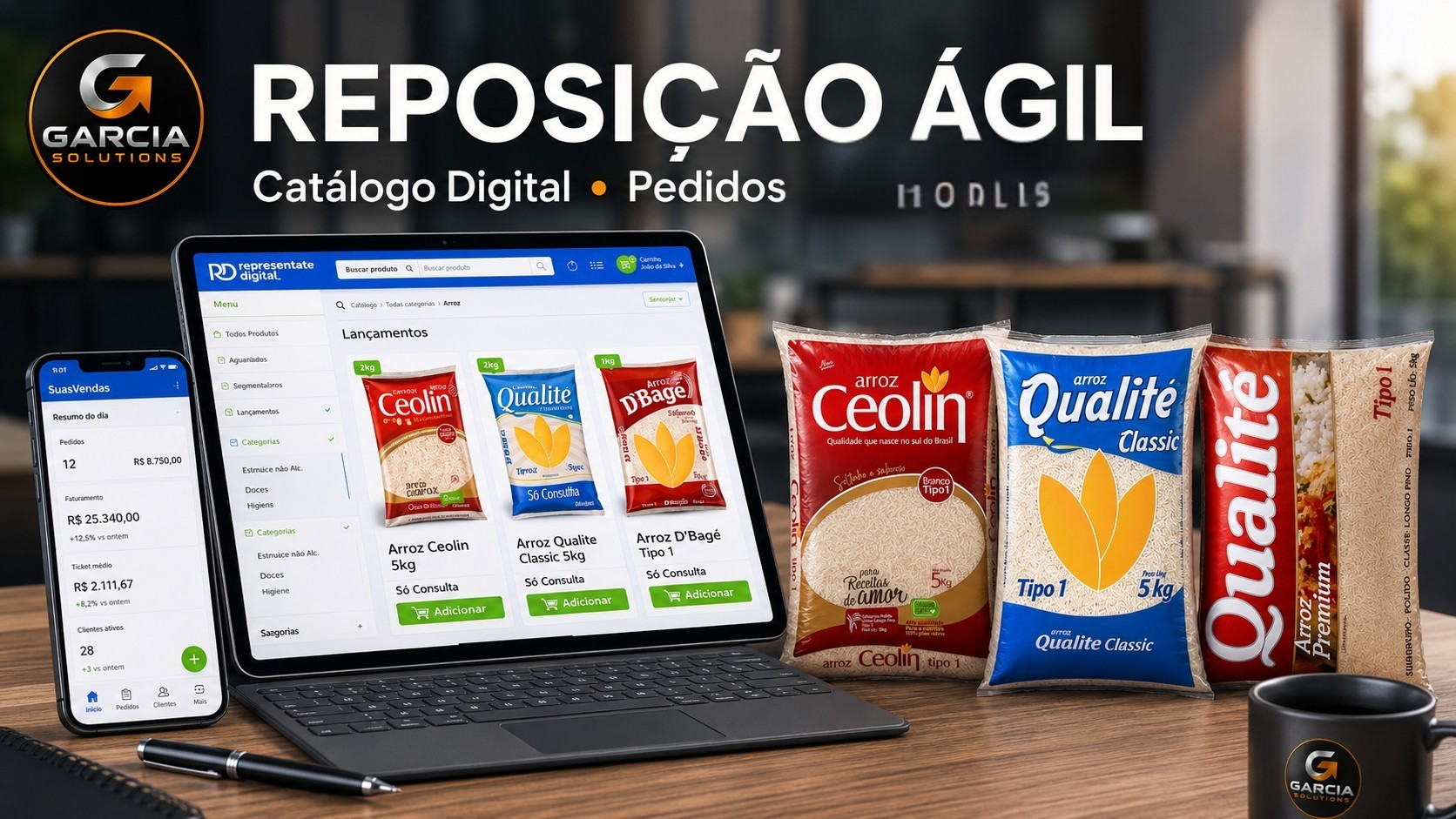 Apresentação visual do catálogo digital e do processo de pedidos da Garcia Solutions