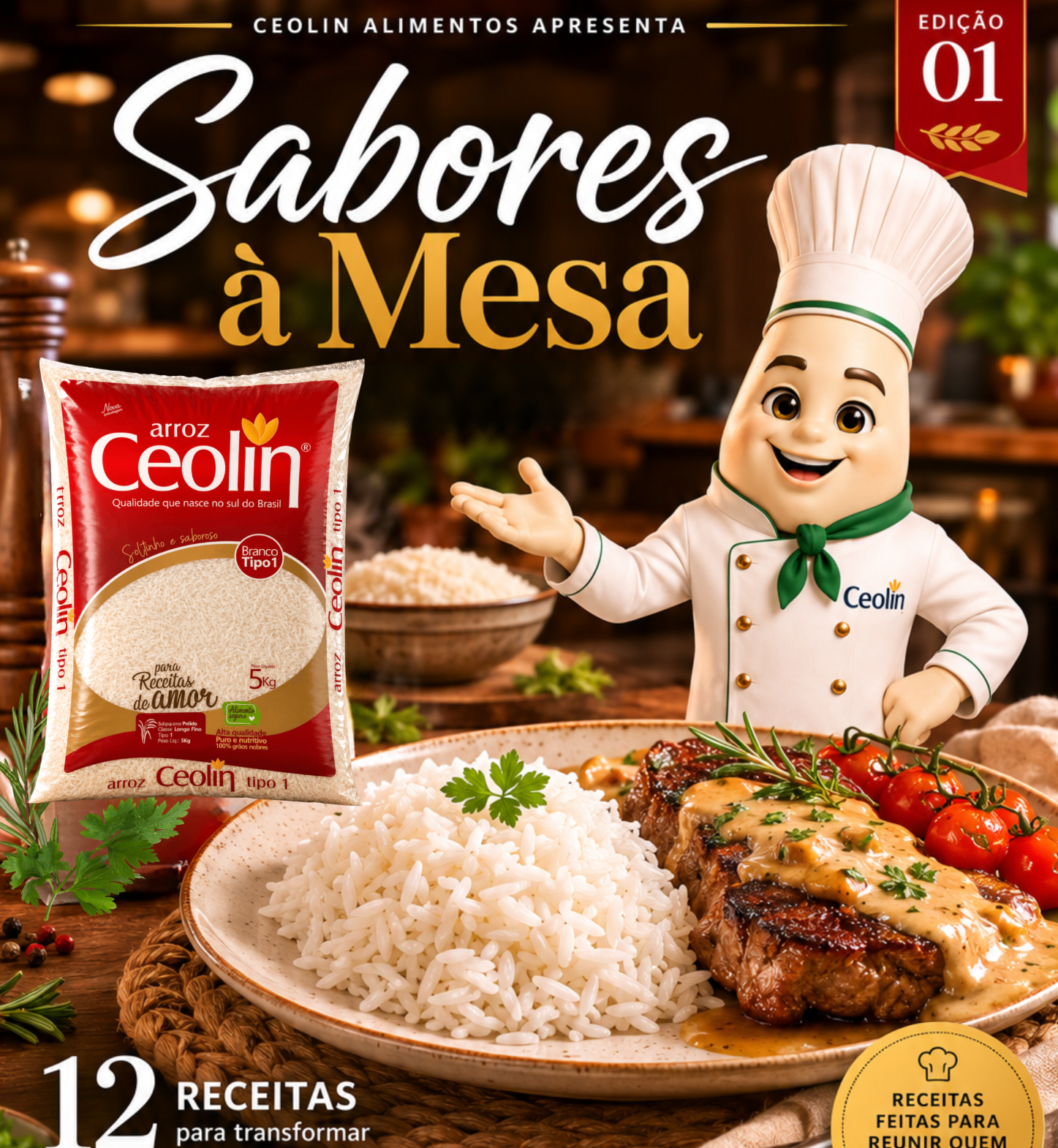 Capa da revista de receitas Sabores à Mesa, com o Chef Ceolin e o arroz Ceolin